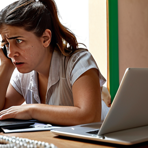 Home 23 **A worried Italian mother on the phone, researching varicella (chickenpox) vaccination options on her laptop. The scene should feel like a home environment, with a focus on conveying the anxiety and decision-making process surrounding children's healthcare.**