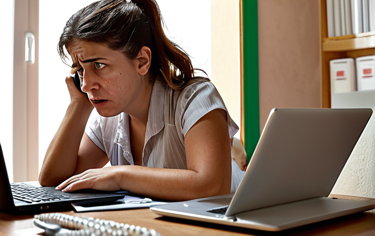 **A worried Italian mother on the phone, researching varicella (chickenpox) vaccination options on her laptop. The scene should feel like a home environment, with a focus on conveying the anxiety and decision-making process surrounding children's healthcare.**