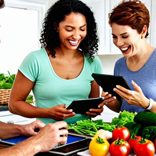 Home 21 **
A brightly lit kitchen scene featuring a diverse group of friends and family preparing a healthy Mediterranean-style meal together. Fresh vegetables, fruits, whole grains, and lean proteins are prominently displayed. One person is reading a recipe on a tablet, while others are chopping vegetables and laughing. The overall atmosphere is warm, supportive, and focused on mindful eating for long-term health. Consider adding details such as:
* A kitchen garden filled with herbs.
* Labels on containers indicating healthy ingredients.
* Individuals wearing smartwatches tracking food intake and exercise.
**