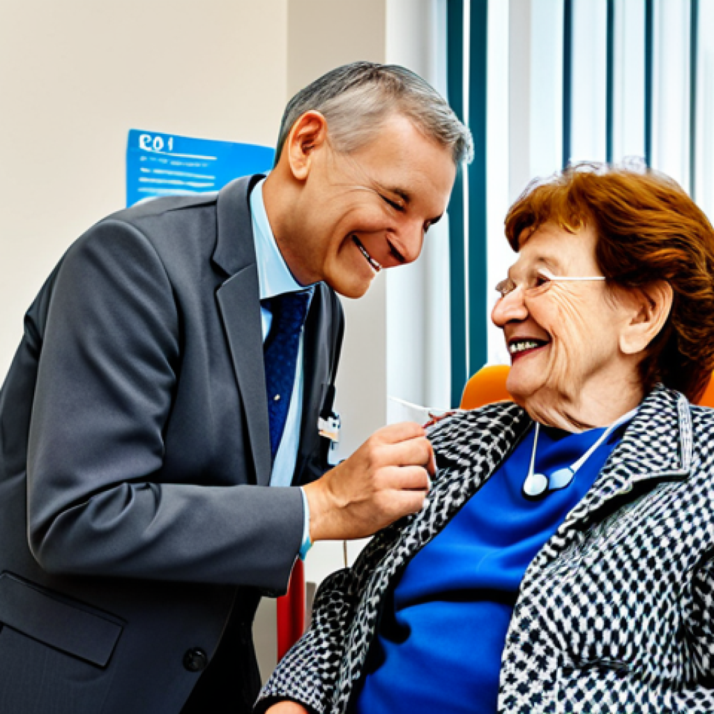 Vaccination**

A doctor in a bright, modern medical office, fully clothed in professional attire, administering a flu shot to an elderly woman. The woman is smiling and relaxed. Background: posters promoting vaccination, medical equipment visible. Perfect anatomy, correct proportions, well-formed hands, natural pose. Safe for work, appropriate content, fully clothed, professional.

**