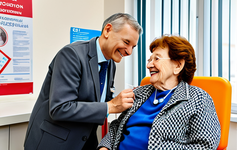 Vaccination**

A doctor in a bright, modern medical office, fully clothed in professional attire, administering a flu shot to an elderly woman. The woman is smiling and relaxed. Background: posters promoting vaccination, medical equipment visible. Perfect anatomy, correct proportions, well-formed hands, natural pose. Safe for work, appropriate content, fully clothed, professional.

**