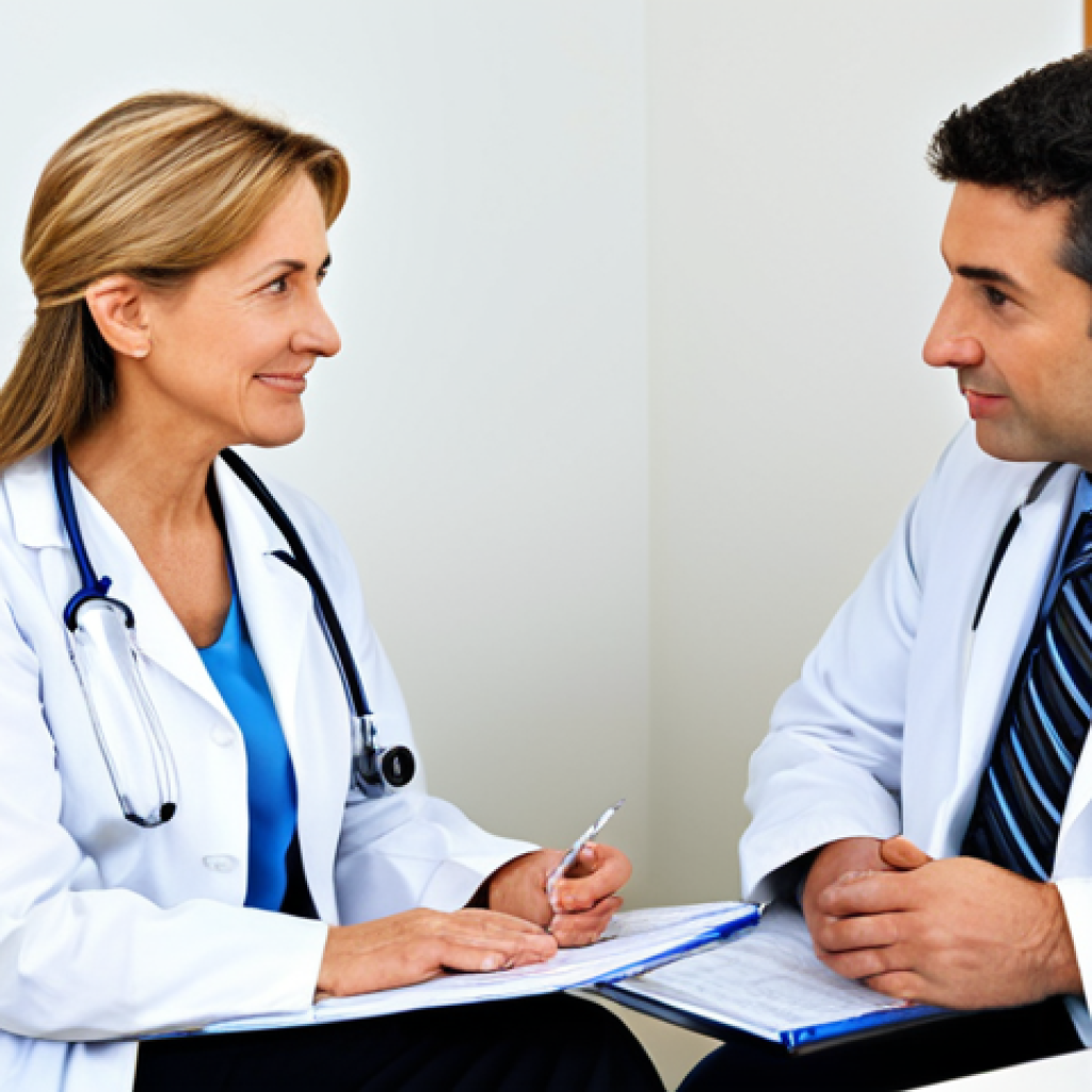 보건소에서의 요실금 검사 - Consultation with a Doctor**

"A mature woman, fully clothed in comfortable, modest clothing, sits a...