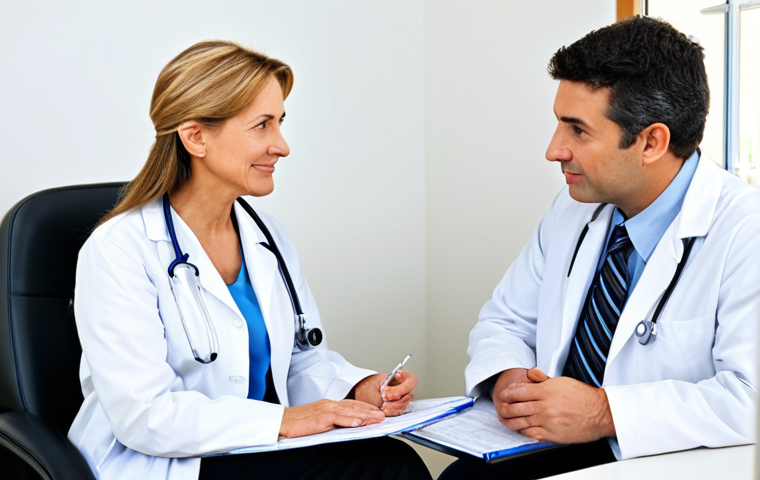 보건소에서의 요실금 검사 - Consultation with a Doctor**

"A mature woman, fully clothed in comfortable, modest clothing, sits a...