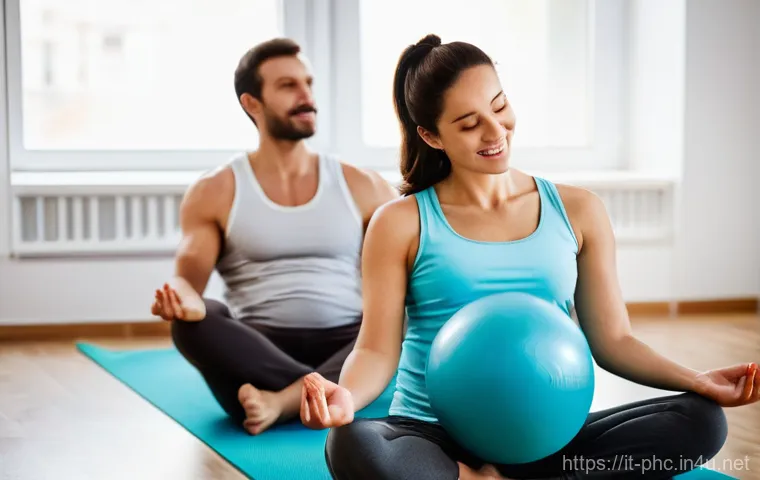 보건소에서의 산모교실 후기 - A pregnant Italian woman, visibly in her third trimester, is engaged in a supportive conversation wi...