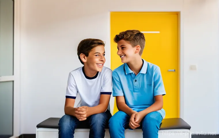 보건소에서 제공하는 자궁경부암 예방접종 - **"A brightly lit, modern Italian public health clinic waiting area. Two smiling teenagers, one boy ...