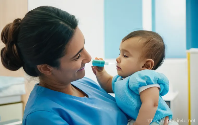 보건소에서의 어린이 예방접종 후기 - **Preparation and Comfort at the Clinic:** "A tender moment inside a bright, modern Italian pediatri...