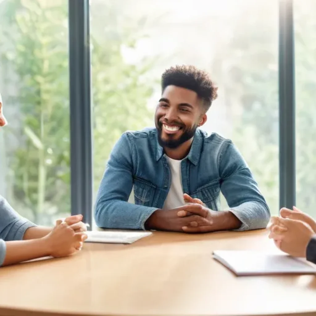 보건소에서의 흡연 중단 지원 서비스 - **Prompt:** A diverse group of 5-7 adults (men and women, ranging from their late 20s to 60s) are ga...