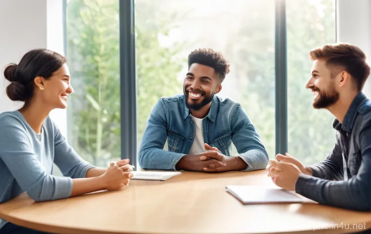 보건소에서의 흡연 중단 지원 서비스 - **Prompt:** A diverse group of 5-7 adults (men and women, ranging from their late 20s to 60s) are ga...