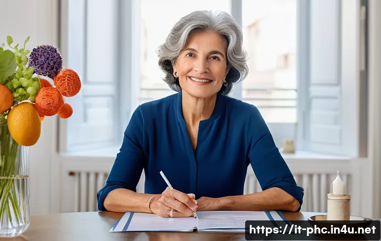 보건소에서 가능한 대장암 검진 - A serene and empowered Italian woman, approximately 55-65 years old, with a thoughtful yet calm expr...