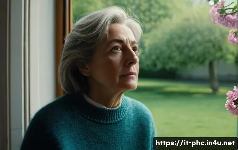 보건소에서의 알레르기 예방접종 후기 - **Prompt: "A middle-aged Italian woman is indoors, looking out through a slightly blurred window at ...