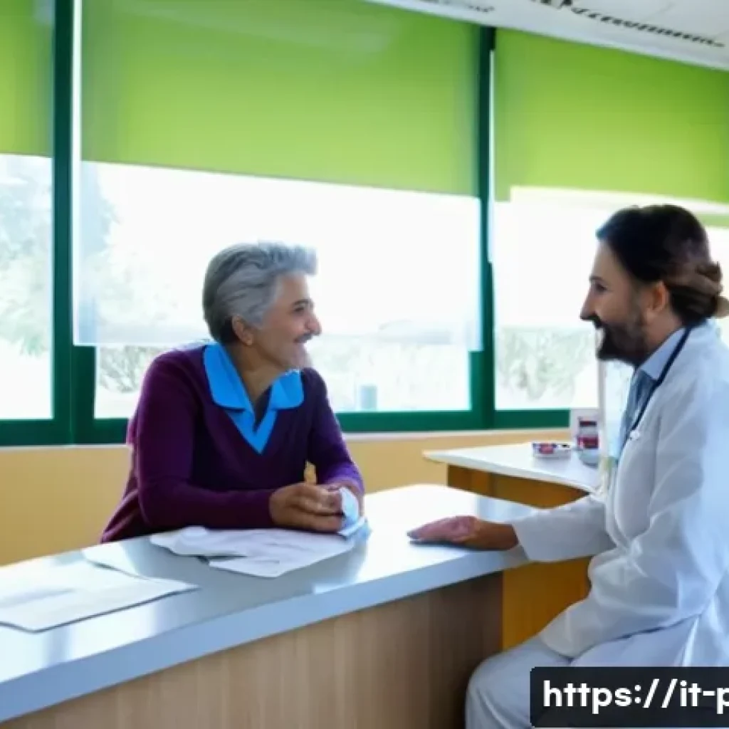 보건소에서의 독감 검사 - A modern Italian healthcare center reception area with a friendly nurse welcoming a middle-aged Ital...