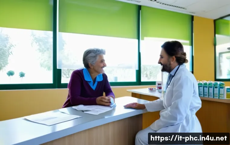 보건소에서의 독감 검사 - A modern Italian healthcare center reception area with a friendly nurse welcoming a middle-aged Ital...