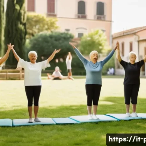 보건소에서 제공하는 건강증진 프로그램 - A diverse group of elderly and middle-aged adults participating in a gentle gymnastics class outdoor...