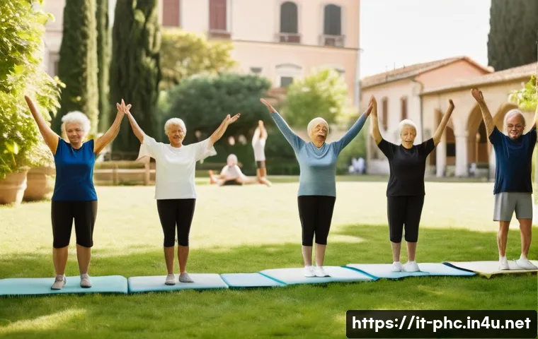 보건소에서 제공하는 건강증진 프로그램 - A diverse group of elderly and middle-aged adults participating in a gentle gymnastics class outdoor...