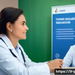 보건소에서의 장티푸스 예방접종 - A well-lit Italian travel clinic interior showing a healthcare professional in a white coat explaini...