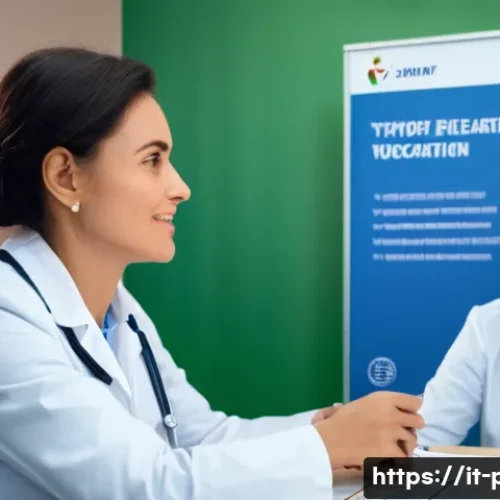 보건소에서의 장티푸스 예방접종 - A well-lit Italian travel clinic interior showing a healthcare professional in a white coat explaini...
