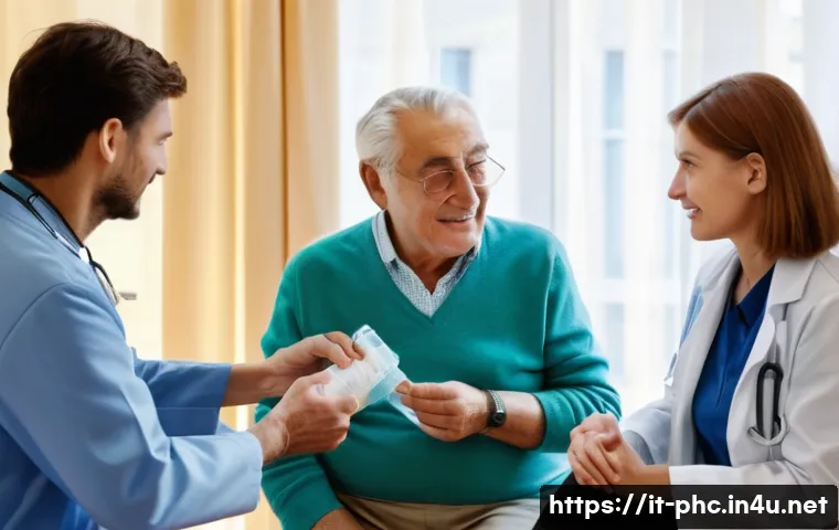 보건소에서의 노인 독감 예방접종 - A warm, cozy Italian clinic setting in autumn, showing an elderly Italian man and woman (both wearin...
