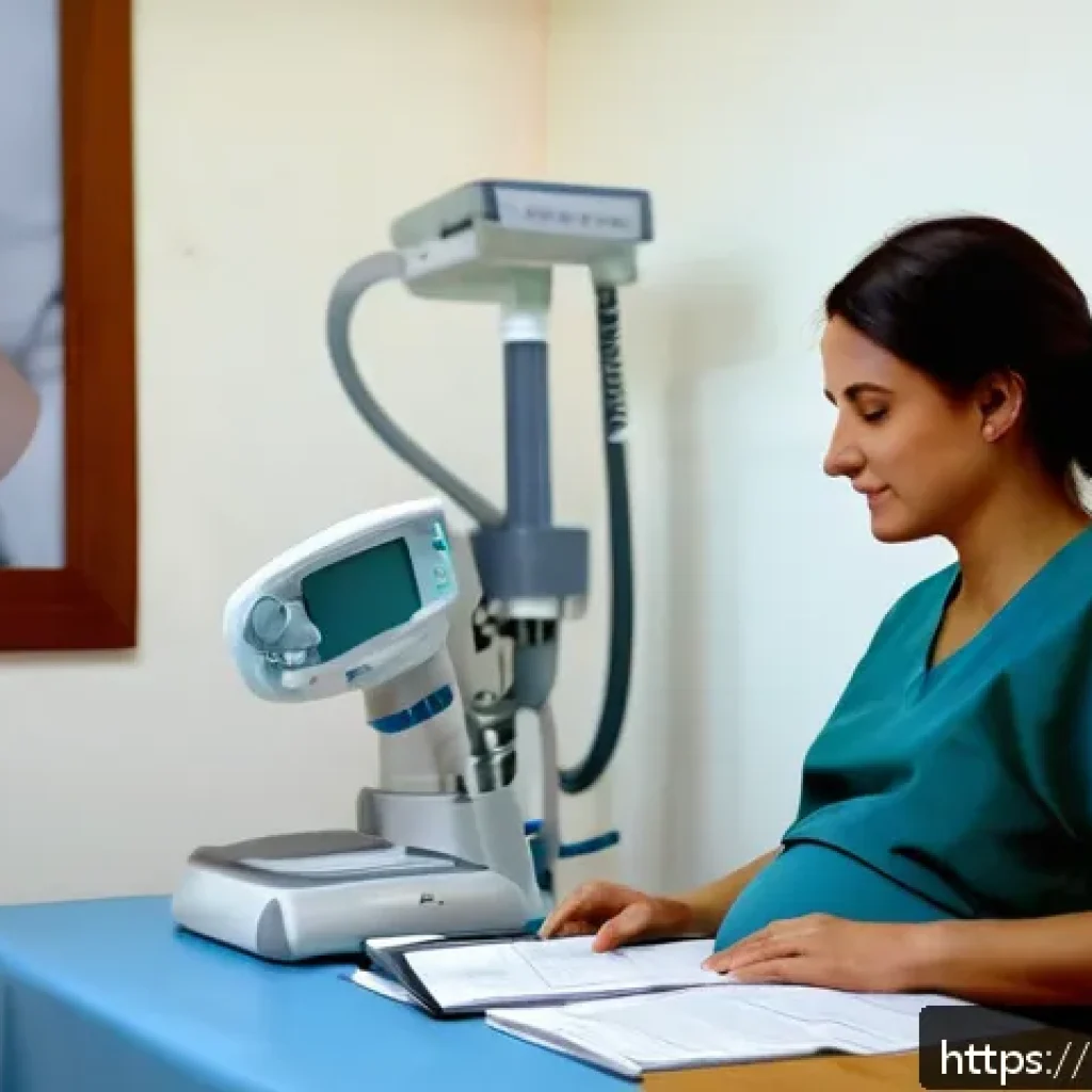 보건소 임산부 지원 프로그램 - A calm and warmly lit Italian prenatal clinic interior showing a pregnant woman in modest maternity ...