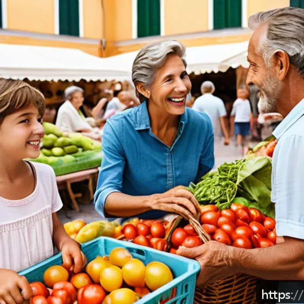 보건소에서 가능한 소아비만 상담 - A cheerful Italian family shopping together at an outdoor farmers market in a vibrant town square, w...