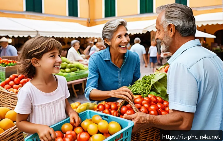 보건소에서 가능한 소아비만 상담 - A cheerful Italian family shopping together at an outdoor farmers market in a vibrant town square, w...