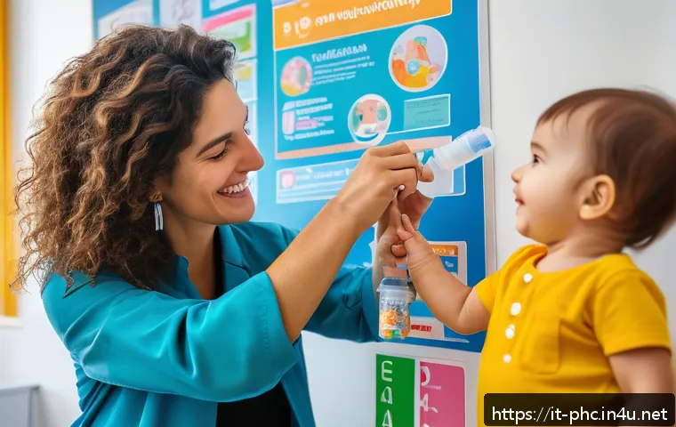 보건소 예방접종 일정 - A cheerful Italian pediatrician in a modern clinic gently administering a vaccine to a smiling toddl...