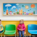 Home 20 보건소에서 가능한 소아 진료 - A bright, modern Italian local health center pediatric waiting room, filled with natural light and c...