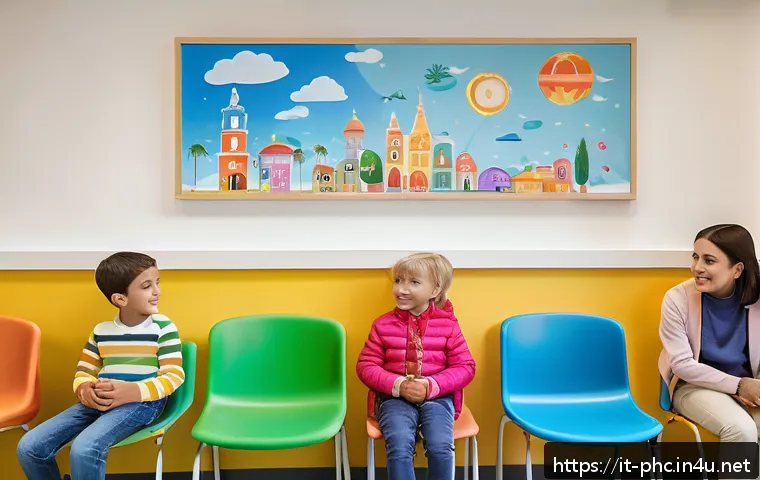 보건소에서 가능한 소아 진료 - A bright, modern Italian local health center pediatric waiting room, filled with natural light and c...